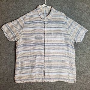 Tasso Elba 100% Linen XXL 18-18 1/2 Blue White Striped Button Short Shirt A7